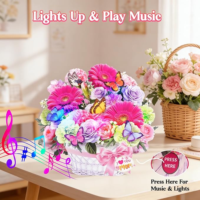 Mothers Day Card with Music & Lights, 3D Pop Up Mother's Day Cards, Gerbera Daisy & Butterfly, 10 Inch Forever Flower Bouquet Birthday Gift for Wife, Women, Mom