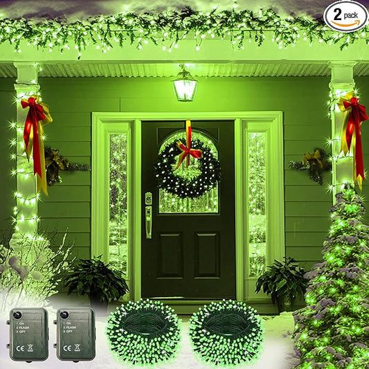 Green String Lights Battery Powered, 2 Pack Total 33 FT 100 LED Christmas String Lights for Indoor Outdoor Decoration, Twinkle Fairy Light for ST Patrick's Day Decorations