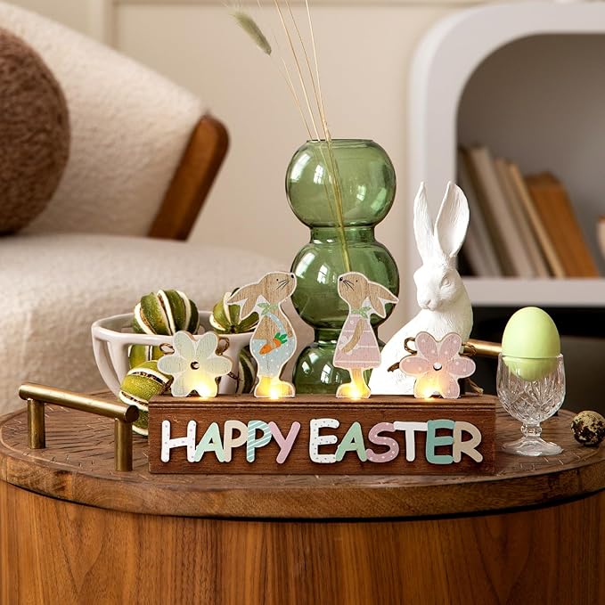 Yousoontic Light up Happy Easter Sign Wooden Easter Bunny Decoration for Home Neutral Bunny Block Rustic Farmhouse Holiday Decorations for Home Dining Room Kitchen Spring Decor