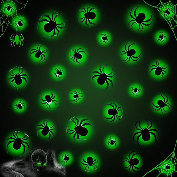 36 PCS LED Green Lighted 3D Spiders Halloween Decoration, 4 Sizes Shapes Removable PVC Spiders Sticker, Waterproof Halloween Spider Wall Decor for Home Indoor Outdoor Room Window Door Wall Party Decor