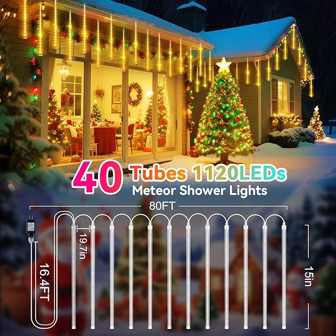 KNONEW 40 Tubes 1120 LED Meteor Shower Lights Christmas Lights Outdoor Plug in Waterproof Falling Rain Light for Xmas Tree Wedding Party Garden Holiday Rooftop Decorations (Warm White)