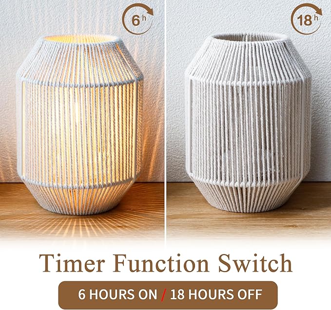 JHY DESIGN Boho Rattan Woven Lampshade Table Lamp 8.5" H Cotton Rope Bedside Lamp Cordless Decorative Battery Operated Lamp with 6 Hours Timer for Bedroom Living Room Wedding Parties Patio