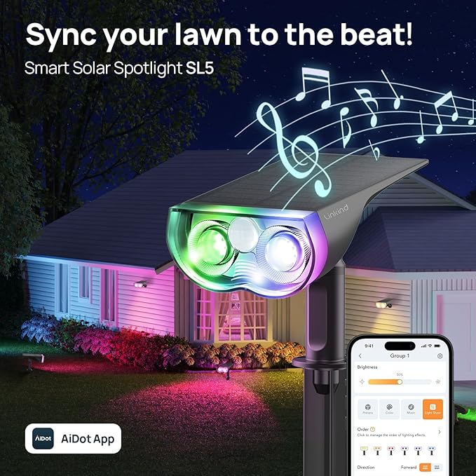 Linkind Smart Solar Lights Outdoor SL5 with Motion Sensor, APP Control Color Changing Solar Spot Lights Outdoor, Easter Decorations, IP65 Landscape Lighting for Yard, Garden, Path(2 Pack)
