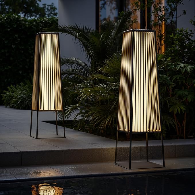 Outdoor Floor Lamp Set of 2, Rattan Solar Lanterns Outdoor Waterproof for Balcony, Deck, Garden & Patio (Gray)
