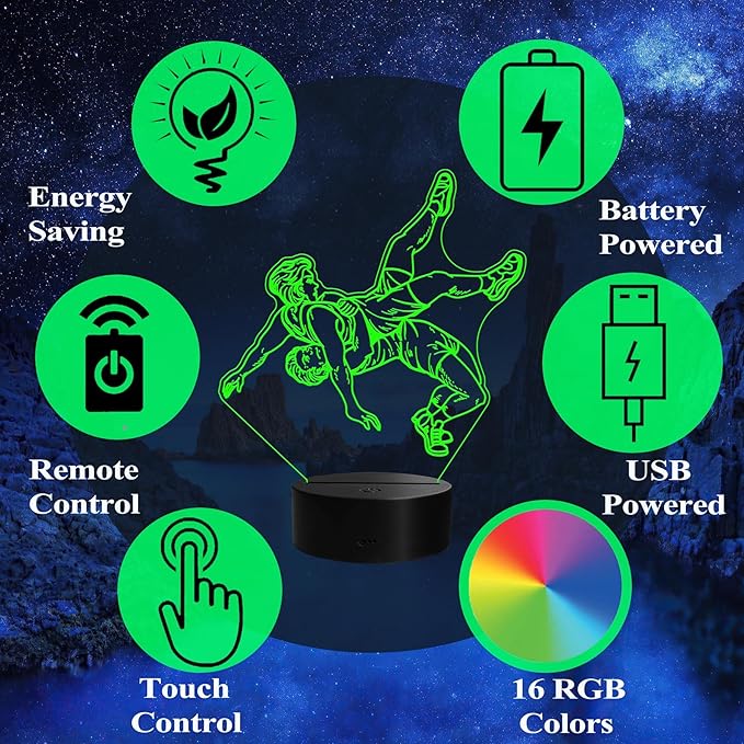 Wrestling Night Light, Wrestling Gifts for Men, 3D Illusion Lamp with Remote Control, 16 RGB Colors, 4 Flashing Modes, Timer, Dimmable, Boys Room Decoration for Holiday Birthday Christmas