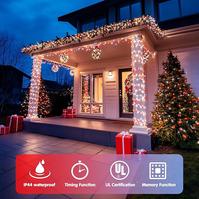 JMEXSUSS 2 Pack 100 LED Red and White Christmas Lights Outdoor, 8 Modes Connectable String Lights Indoor, LED Christmas Tree Lights Plug in for Xmas House Party Bedroom Decorations