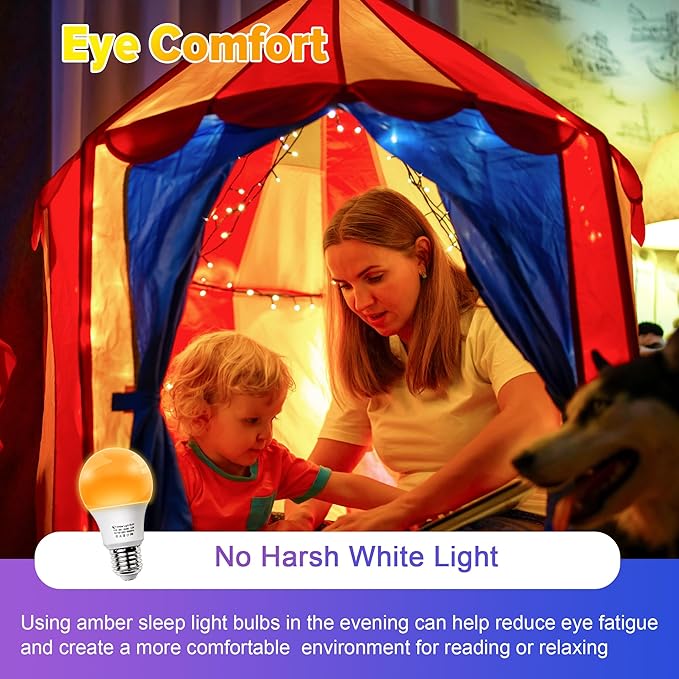 Amber Sleep Light Bulbs, Blue Light Blocking, A19 9W(60 Watt Equivalent) Dim Light Bulbs for Lamp, 1800K Warm Light Bulb, E26 for Healthy Sleep, Bedroom, Kids Room, 2 Pack