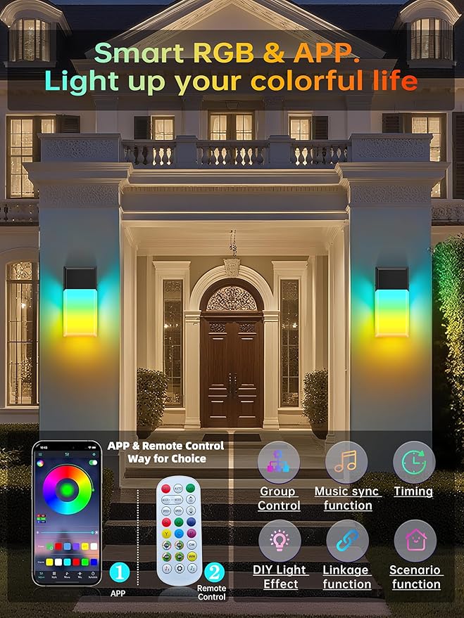 Outdoor Wall Lights, 1500LM RGBCW Smart LED Porch Lamp Sconces, IP65 Waterproof Exterior Lighting Fixtures, Modern Decor for Garage, House, Patio, Garden, Yard, Party (one Pack)
