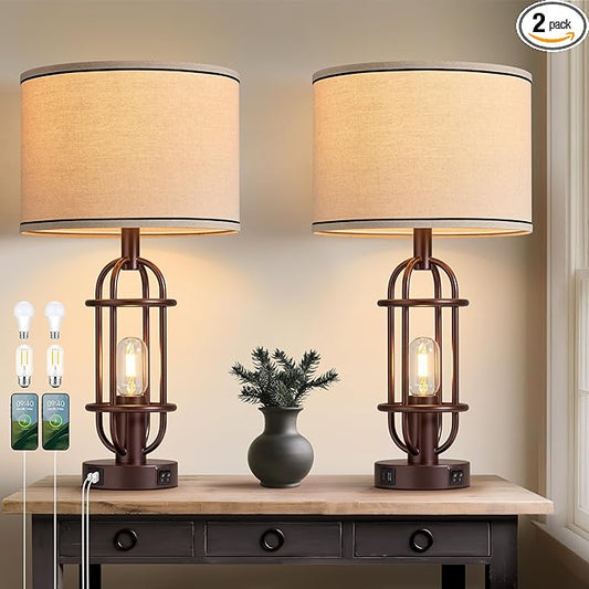 Living Room Lamps Set of 2, 22.3" Farmhouse Table Lamp for Bedroom, Vintage Lamps for Night Stands with USB Ports, Oil Rubbed Bronze