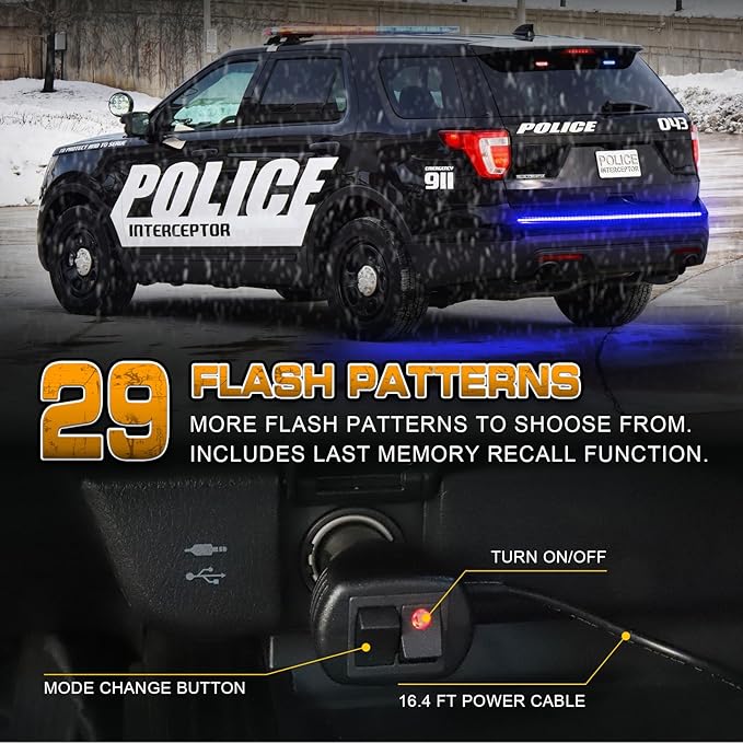 XRIDONSEN 60 inch Blue Emergency Lights Strip 360 LED Truck Tailgate Rear Window Police Firefighter Lights Strobe Flashing Warning Hazard Safety First Responder for Vehicles POV Pickup Trucks