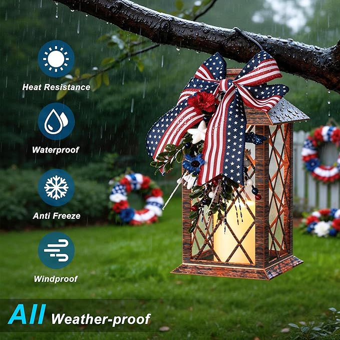 4th of July Solar Lanterns Outdoor Waterproof, Patriotic Hanging Lantern with Flickering LED Candle, 13" Independence Day Lanterns Decorations for Patio Porch Garden Yard Pathway, 1 Pack