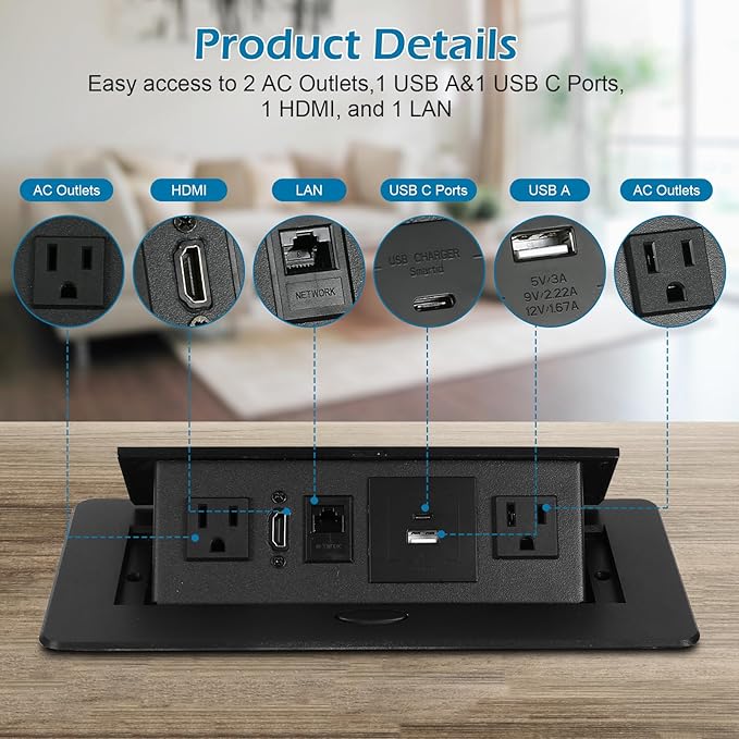 Table Pop Up Outlet,Automatic Pop up Strip Center countertop Socket Recessed Multimedia Strip Socket & USB+ 2AC+ LAN Network Connection Box Desktop HDMI for Conference Desk, Office, Hotel(Black-2)