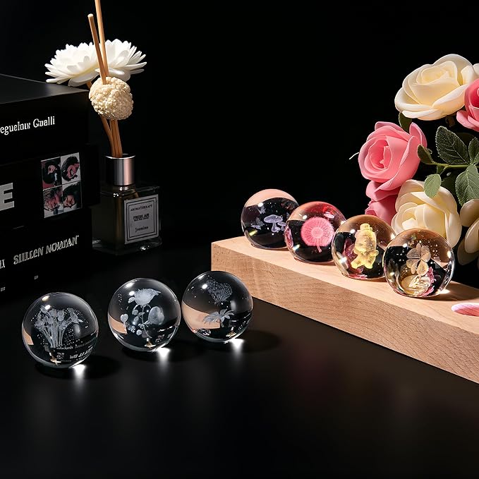 7 Pcs Flower Crystal Ball Night Light with LED Wooden Base, 3D Dandelion, Four-Leaf Clover, Mushroom, Rose, Tulip Plant Lamp for Home Office Gifts for Christmas Decor