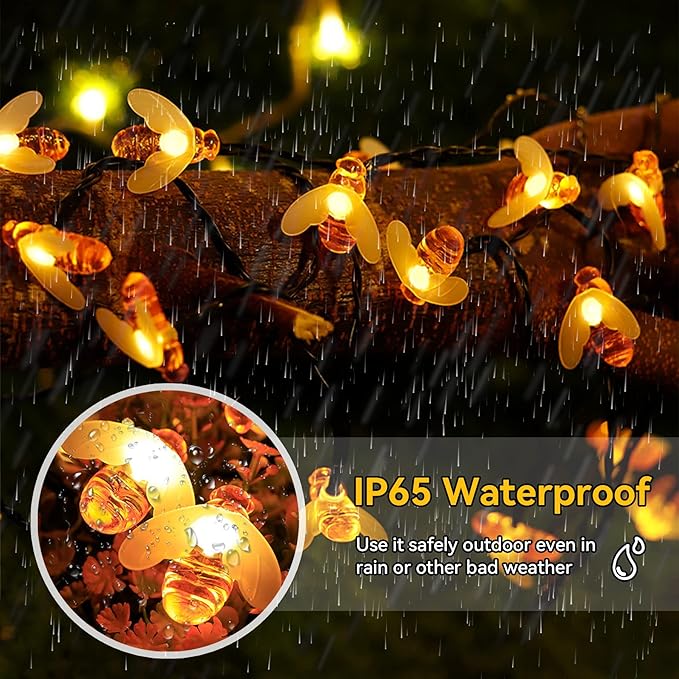 ITICdecor Solar Bee String Lights Outdoor Waterproof 50 LEDs 8 Modes Honeybee Fairy Light Outdoor Lights Patio Garden Fence Yard Wedding Christmas Tree Decor