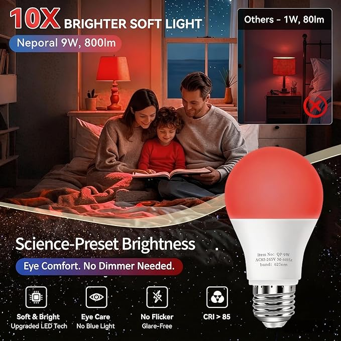 Neporal 625nm Red Light Bulb for Sleep, 100% Blue Light Blocking Bulb for Melatonin Promote, A19 LED 9W 60W Dim Red Night Bulb for Baby Nursery, Sleep, Read, Bedroom 1PK (White When Off, Red When on)