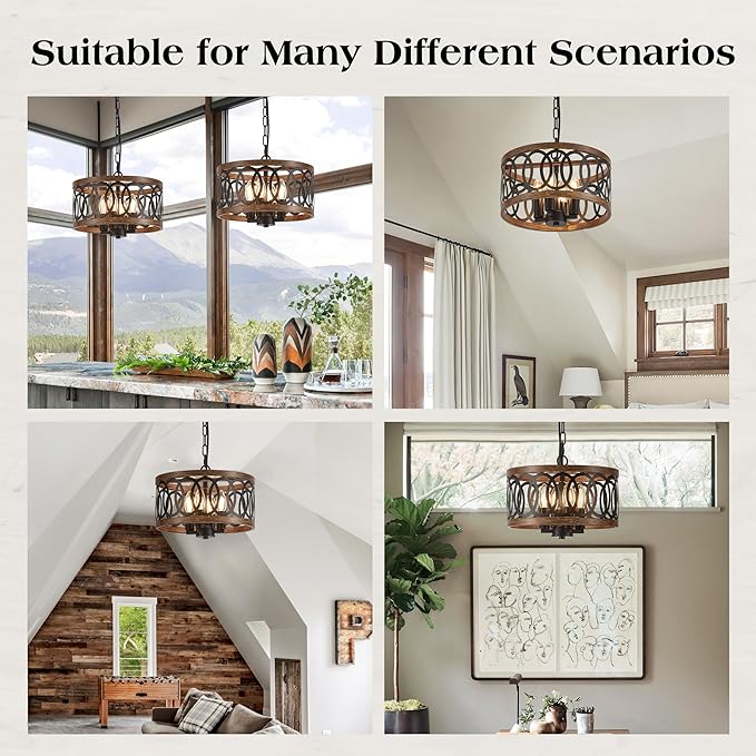 4-Light Farmhouse Drum Pendant Light,12.56'' Nature Wood Texture Vintage Rustic Chandeliers Black Metal Industrial Hanging Light Fixtures for Entryway, Bedroom Dining Room