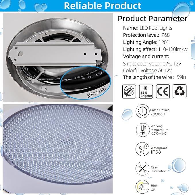 11.81in LED Pool Light Color Change for Inground Pool, Underwater Wall-Mounted Pond Light Submersible RGB Led Light Swimming Pool Light 12V 36W with Remote IP68 Waterproof