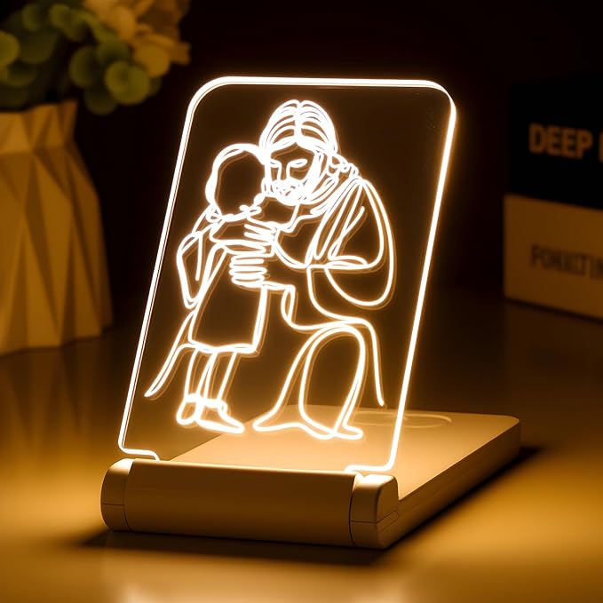 lacte & melle Jesus Hugging Child Night Light - Foldable LED Bedside Lamp for Kids with Timer - Christian Baptism & First Communion Gift - Portable Comfort Light for Fear of Dark & Nightmares