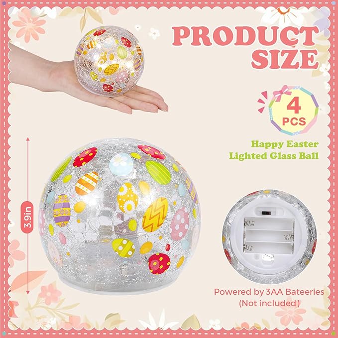 4 Pcs Easter Lighted Decorative Glass Ball 3.9inch Easter Egg Crackle LED Lights for Tabletop Decoration Globe Lamp Battery Operated for Holiday Indoor Party Table Gift