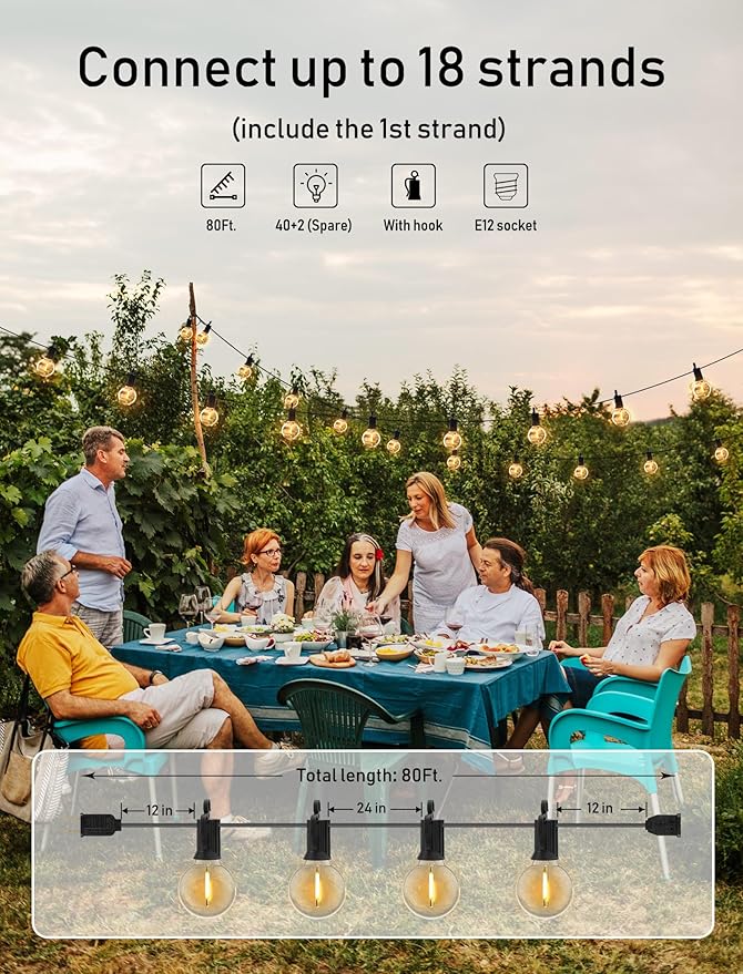 Brightown Outdoor String Lights, 80FT 40+2 G40 Bulbs Shatterproof Patio Lights, IP65 Waterproof Dimmable Hanging Connectable Globe LED Outdoor Lights for Backyard, Bistro, Porch, Deck, Balcony