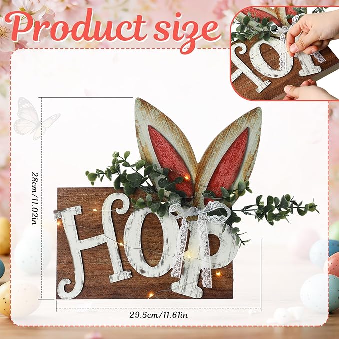 Leinuosen Easter Table Decoration Wooden Sign with LED Lights, Easter Lighted Decor Rustic Farmhouse Table Centerpiece with 3D LED Bunny Ears for Tiered Tray Home Spring Party Decor