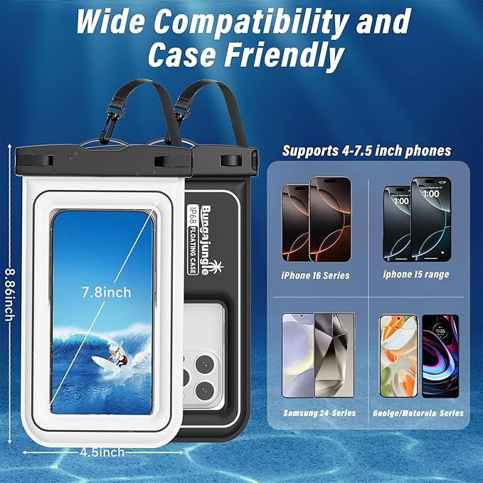 Waterproof Phone Pouch - 2 Pack IP68 Floating Waterproof Phone Case, Dry Bag Beach Cruise Essentials 2026 with Adjustable Lanyard for iPhone 17 16 15 Pro Max / Galaxy S24 S23 (Black and White)