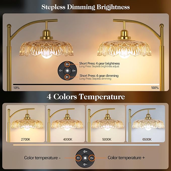 Gold Floor Lamp for Living Room, Dimmable Mid Century Modern Standing Lamp with Remote Control and Amber Glass Shade, 68" Tall Lamp for Bedroom, Vintage Retro Antique Glass Flower Lamp, Brushed Gold