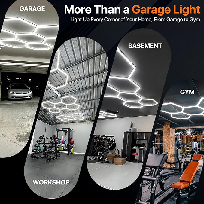 Hexagon Garage Lights: 579W 14 Grids Hexagon Led Lights, 6500K Ultra Bright Hex Light, Honeycomb Light for Garage, Shop, Basement, Barber, Homegym