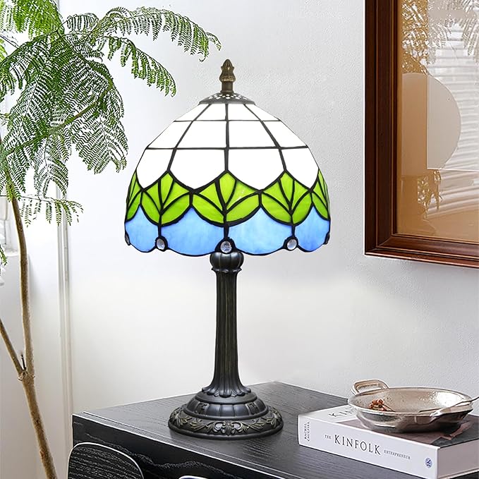 Small Tiffany Lamp Stained Glass Table Lamp Elegant Lovely Retro Style Green Lotus Leaf Bedside Nightlight Nightstand Bedroom Home Decoration Antique Living Room Office Interesting Lamp
