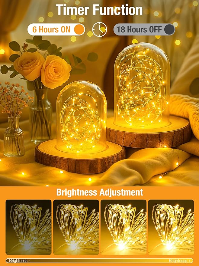 btfarm Fairy Lights Battery Operated with Timer 8 Modes, 16.4 FT 50 LED Silver Wire Twinkle String Lights Battery Powered Dimmable Waterproof for Indoor Home Party Wedding Christmas Decor, Warm White