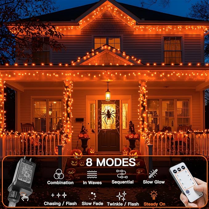 suddus Orange String Lights Outdoor with Remote, 33ft 100 LED Connectable Waterproof Halloween Lights Plug in, Dimmable Clear Wire Fairy Lights for Fall,Thanksgiving, Party, Garden, Porch, Dorm Decor