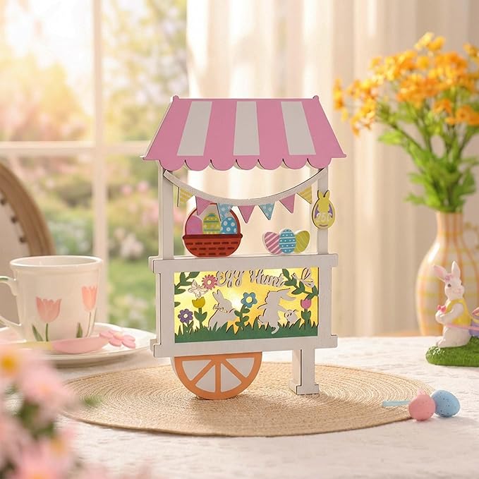 Valery Madelyn Easter Decorations, Easter Decor with LED Light, Lighted Egg Hunt Booth Decor for Table, Wooden Bunny Decorations for Home Decor Shelf Tiered Tray Living Room, 10.3 inch