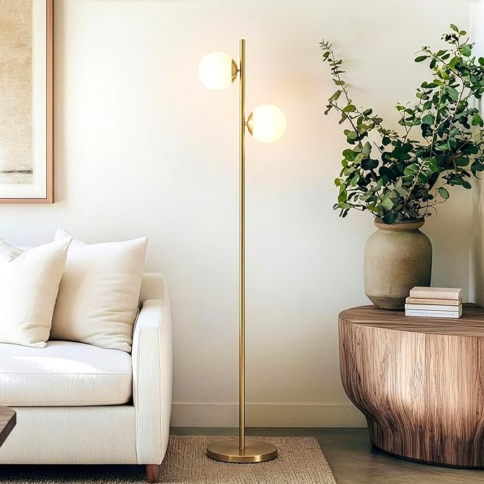 Brightech Sphere Floor Lamp for Living Room, Mid-Century Modern 2 Globe Pole Light for Bedroom, Bright LED Standing Lamps for Offices, Contemporary Living Room Décor – Gold/Antique Brass
