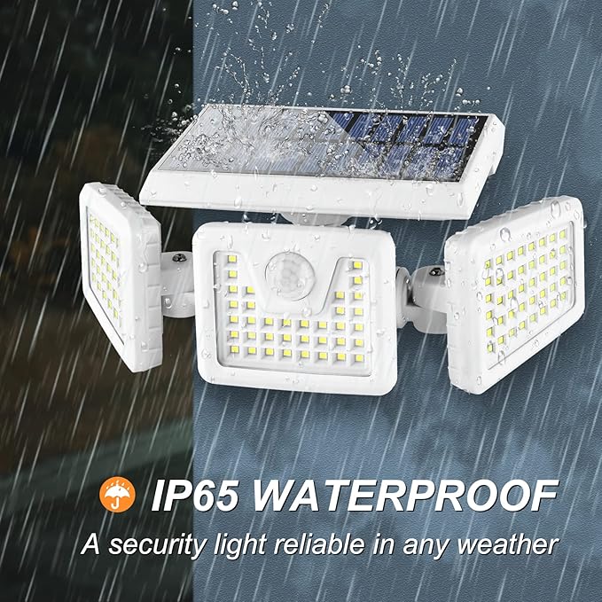 INCX Solar Motion Sensor Lights Outdoor, 3 Heads Security Lights Solar Powered, 156 LED Flood Light Motion Detected Spotlight for Garage Yard Entryways Patio, IP65 Waterproof, White, 1 Pack