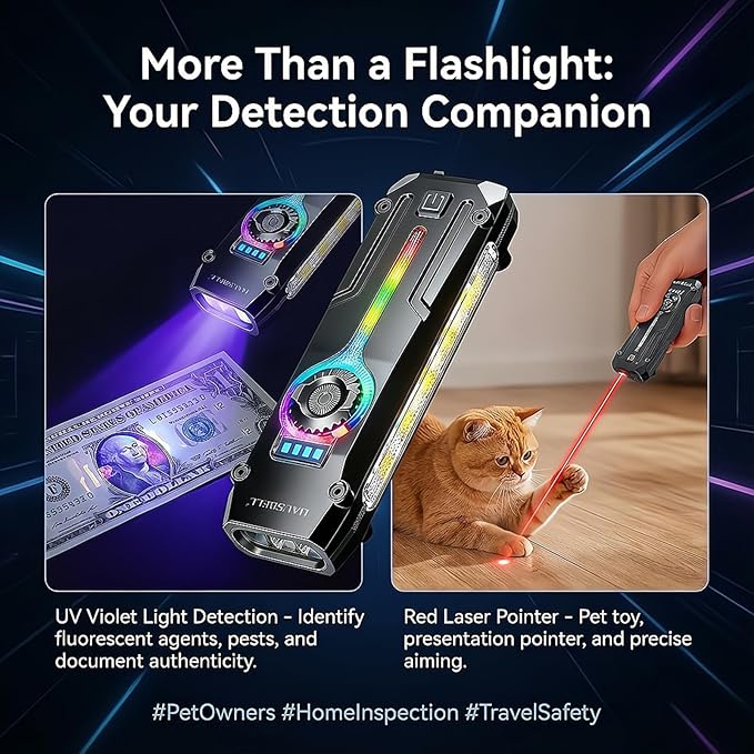 HAUSBELL Flat EDC Flashlight 1800 High Lumens, Stainless Steel Rechargeable Pocket Light with UV Blacklight, Red Light for Cats, Arrow-Shaped RGB Beacon, Magnetic Work Light, USB-C Stepless Dimming