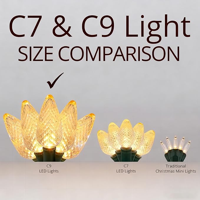 echosari 25 Pack C9 LED Replacement Christmas Light Bulbs for Outdoor String Lights, 0.8W UL Listed Commercial Grade Holiday Bulbs, C9/E17 Candelabra Base Sockets (Warm White)