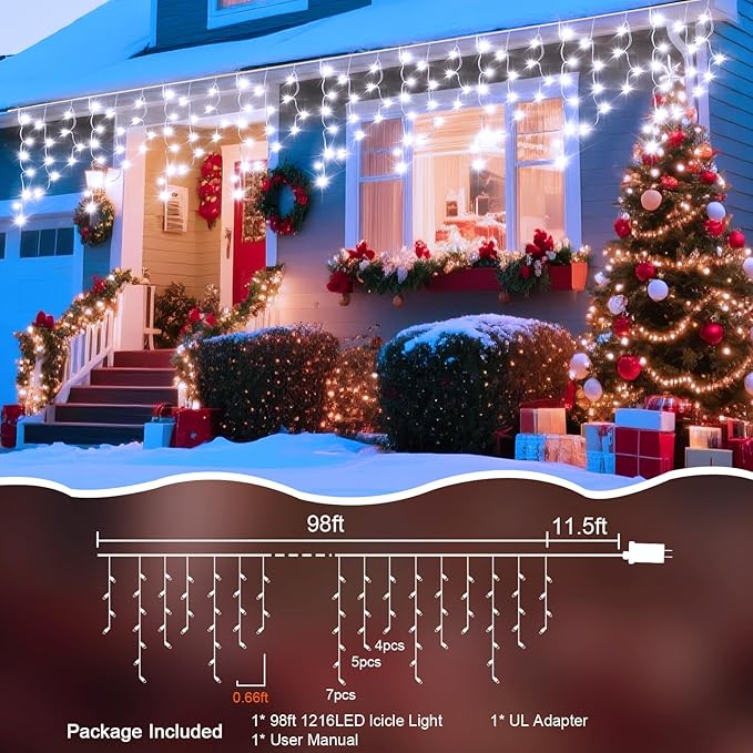 98 Ft Ice Lights for Outside, 1216 LED Christmas Lights Outdoor Plug in, Christmas String Lights with 8 Modes & Timer for Holiday, Party, Wedding, House, Patio, Outdoor Decor(Cool White)