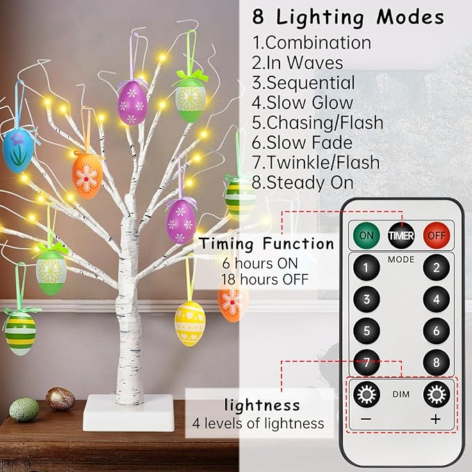 24" Easter Lighted Birch Tree with 12pcs Ornaments,Warm White LEDs Birch Tree Light Tabletop Artificial Tree 8 Lighting Modes USB or Batteries Operated with Timer for Easter Decor