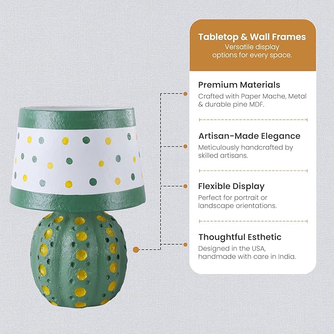 Handicrafts Home Handcrafted Paper Mache Table Lamp, 10.5x17” Modern Farmhouse Accent Table Lamp, Decorative Dome Bedside Nightstand Lamp for Bedroom Living Room, Small Desk Light, Cact Polka