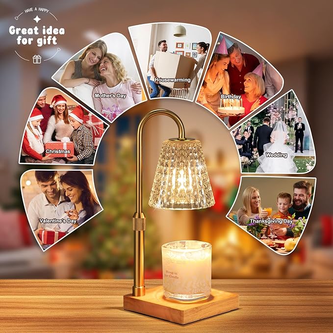 Hong-in Crystal Adjustable Height Candle Warmer Lamp with Timer Dimmer,Birthday Gifts for Women Mom,House Warming Gifts New Home Room Decor,Vintage Wax Warmer for Scented Wax Jar Candles
