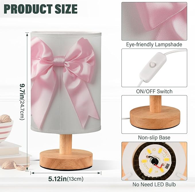 Pink Bow Ribbon Table Lamp with Wood Base Fabric Lamp Shade Bedside Nightstand Desk Lamp for Living Room Bedroom Kids Room Office