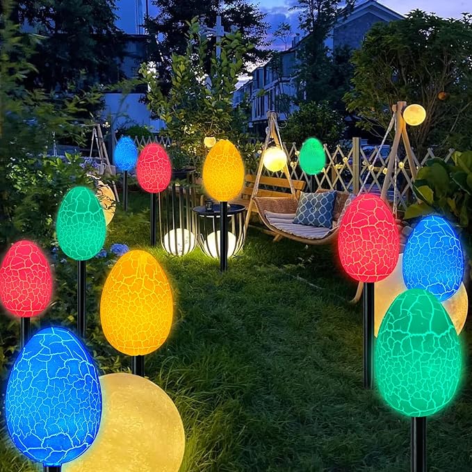 2 Pack Solar Easter Decorations Outdoor Lights,with 8 Modes 12 LED Egg Light,Waterproof Outdoor Solar Lights for Garden Yard Pathway Lawn Grave (Egg)