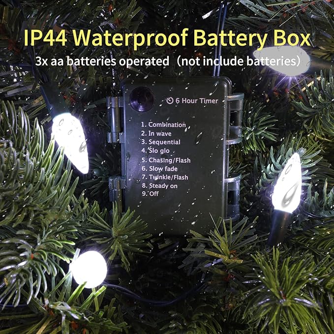 100LED C6 Lights,Green Wire,Waterproof Battery Case,Multi Functions,Timer,Cool White（2 Sets - Each 50 Count LED）