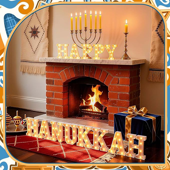 13 Pcs Happy Hanukkah Large LED Letter Sign LED Lights Battery Powered Jewish Table Decoration for Chanukah Party Jerusalem Party Decor
