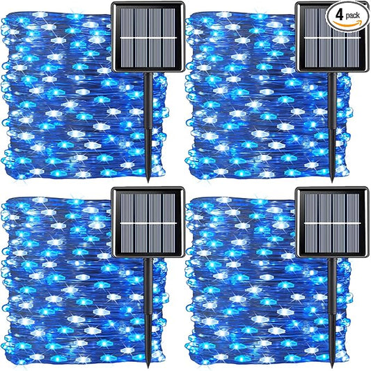 QITONG 4 Pack Blue and White Solar Fairy Lights, Each 33ft 100 LED Christmas String Light, 8 Modes Silver Wire Mini Twinkle Lighting for Tree Garden Yard Christmas