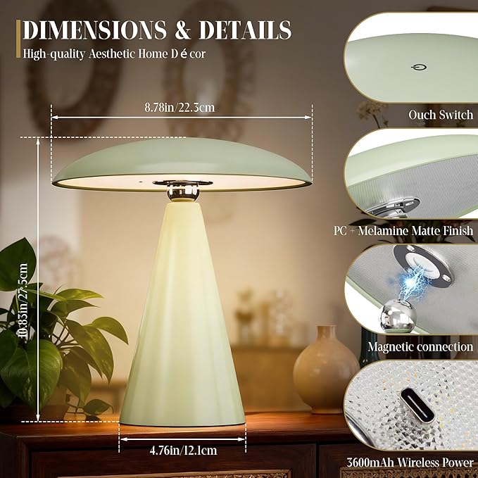 Mushroom Aesthetic Cute Lamp,Magnetic Mid Century Modern Lamp with 3-Mode Lighting for Unique Home Mushroom Decor,Cordless USB-C Rechargeable Lamps for Bedside/Dorm/Office Decor(Avocado Green)