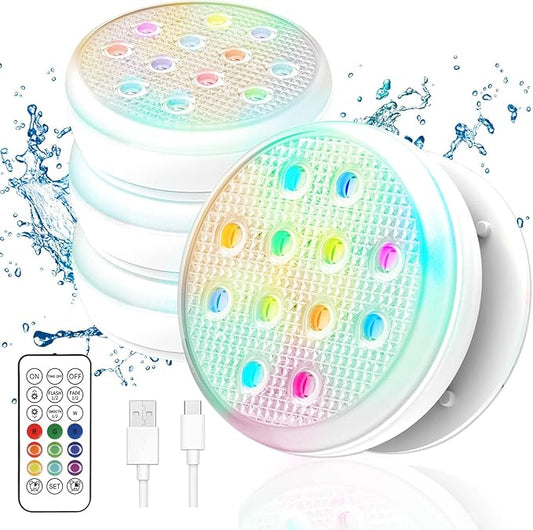 Rechargeable Submersible Led Lights, Pool Lights with Remote, IP68 Full Waterproof Underwater Lights Built-in Magnet 16 Color Changing Floating Lights for Bathtubs, Ponds(4 Pack)