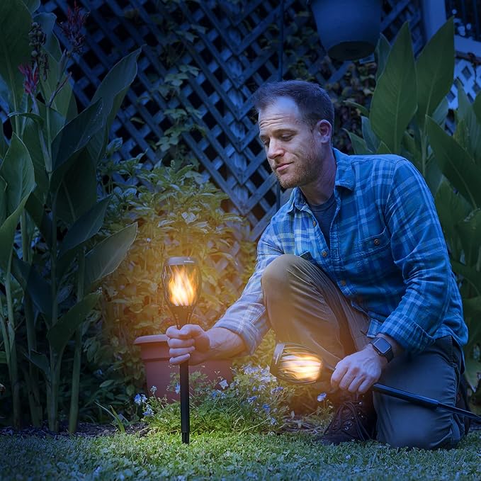 Everbeam P2 Solar Flickering Flame Torch Light - Automatic IP65 Waterproof Solar Tiki Lights with A Stunning Realistic Flame & Distinctive Lampshade - Quick No Tool Installation - 2 Pack