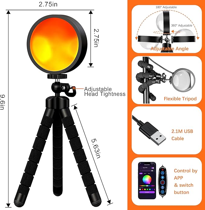 Sunset Lamp Projector for Room Decor,Endless Color Sun light Lamp Mood Lighting,Sunrise Sunset Light 360°Rotation LED Projection Lamp for Party,Tiktok Live,Photography|Multicolors,APP&Button Switch