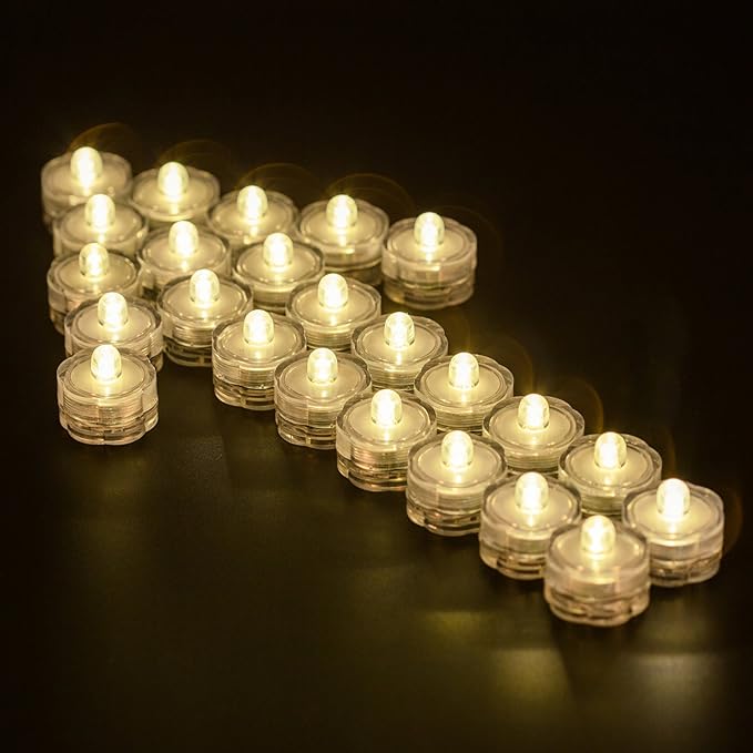 Submersible LED Lights, Waterproof Wedding Underwater LED Tea Lights Candles for Centerpieces/Party/Christmas Set of 24, Warm White